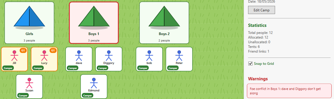 Camp Tent Planner friend and foe link screen showing relationship controls